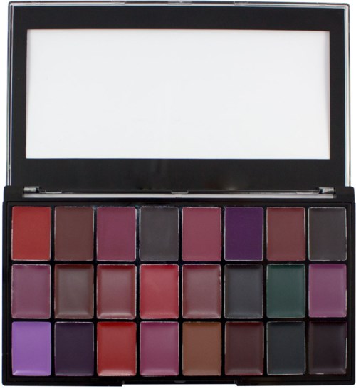 En makeup palett med många färgglada ögonskuggor i ett svart skal med en spegel.