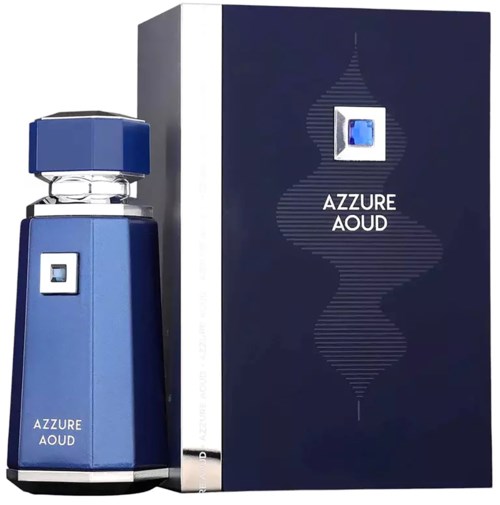 Sininen hajuvesipullo ja laatikko, jossa on nimi 'Azure Aud'. Pullo on modernin geometrian muotoinen.