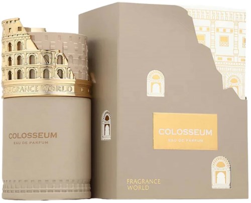 En parfyllflaska och förpackning med design inspirerad av antik romersk arkitektur, märkt Colosseum Eau de Parfum, i guld och beige.