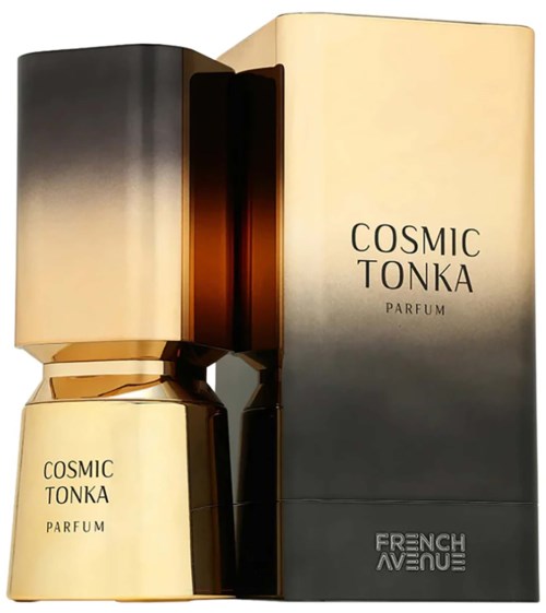 A perfume bottle and box, gold and black colors, labeled Cosmic Tonka Parfum from French Avenue.