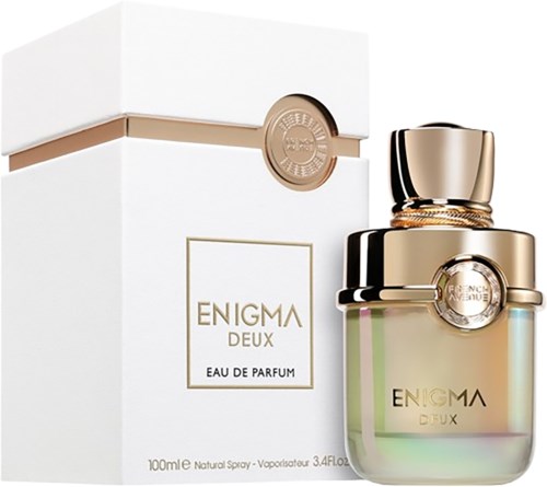 Kullan ja musta hajuvesipullo, valkoinen laatikko, merkki Enigma Deux Eau de Parfum, 100 ml.