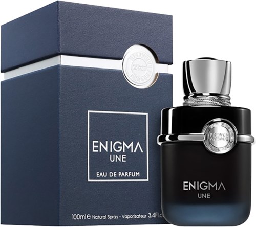 Musta hajuvesipullo hopeisella kannella ja vastaava laatikko, jossa lukee 'Enigma Une Eau de Parfum'.