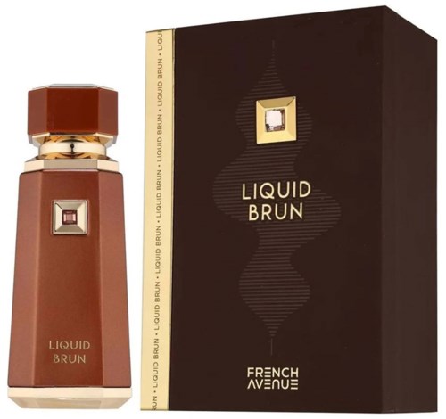 A perfume bottle labeled Liquid Brun and its box with gold and brown colors, stylish design, and the brand French Avenue.
