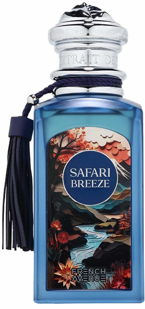 En blå parfyllflaska med dekorativ etikett och silverkork, märkt Safari Breeze, French Avenue, och dekorerad med blommor och berg.