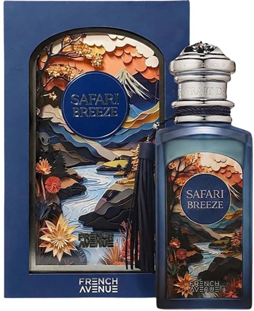 En parfyllf Bottle och box med en färgglad landskapsdesign av berg, vatten och blommor, märkt Safari Breeze.