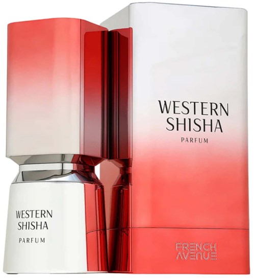 A perfume bottle and box with red and white colors, labeled Western Shisha Parfum and French Avenue.