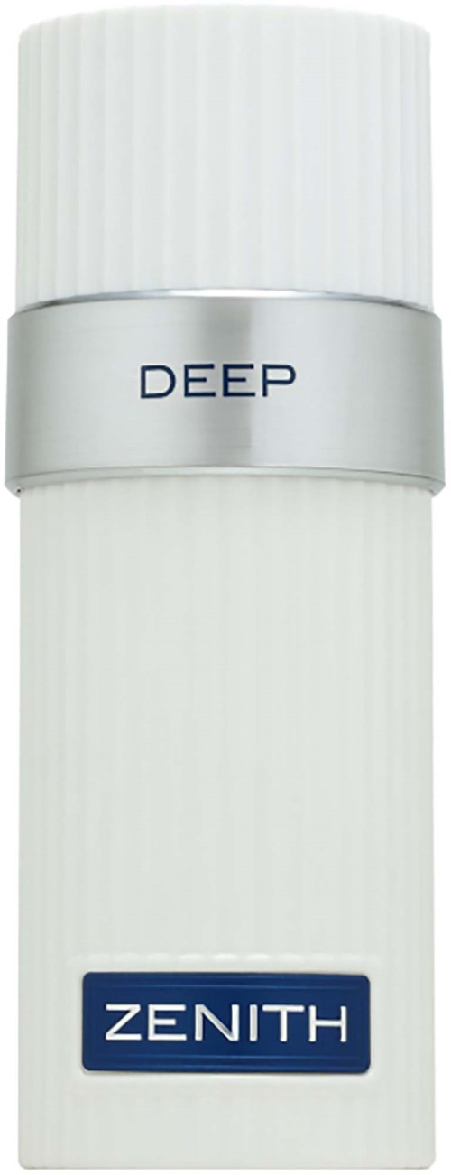 A white skincare product container with a silver band, labeled 'DEEP' and 'ZENITH,' likely a cosmetic or skincare item.