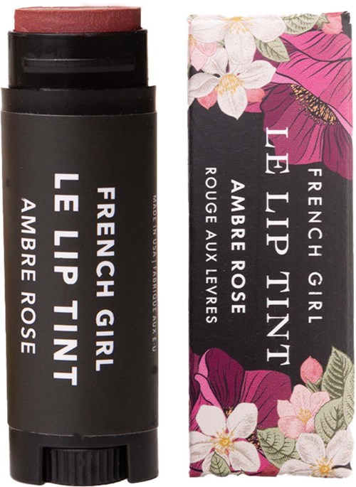 Lip tint stick with a floral box, labeled 'French Girl Le Lip Tint Amber Rose'.
