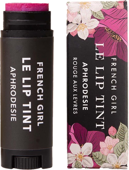 Lip balm tube and box with floral design, labeled 'French Girl Le Lip Tint' in black and pink colors.