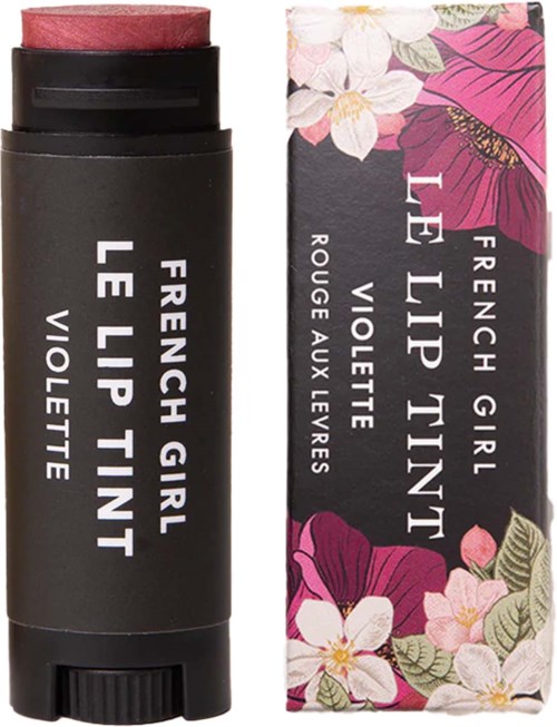 A black tube lipstick with a pink tip and floral packaging design, labeled as French Girl Le Lip Tint Violet.