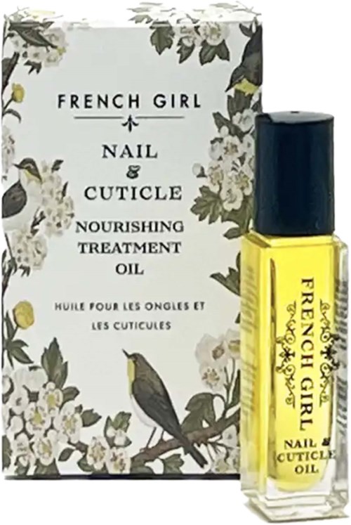 Pakkaus, jossa kukkakuvio ja pieni keltainen öljypullo, jossa lukee 'French Girl Nail & Cuticle Nourishing Treatment Oil'.