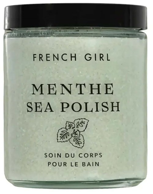 A jar labeled 'Menthe Sea Polish' with a black lid. It is a body scrub from French Girl.