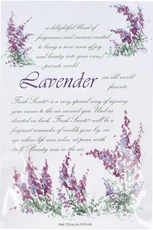 En blomsterillustration med lavendelfloret omger en poetisk paragraf om lavendels skönhet och doft.