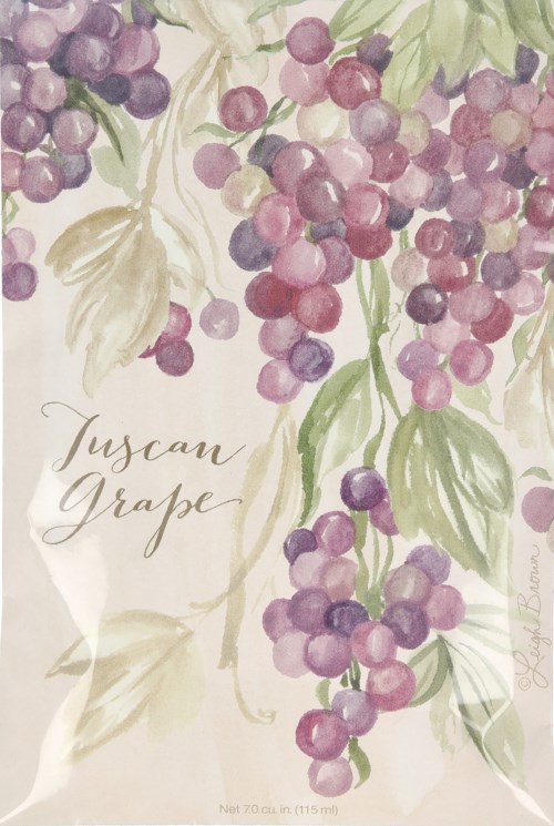 En akvarellillustration av lila och gröna druvor med blad, märkt "Tuscan Grape."