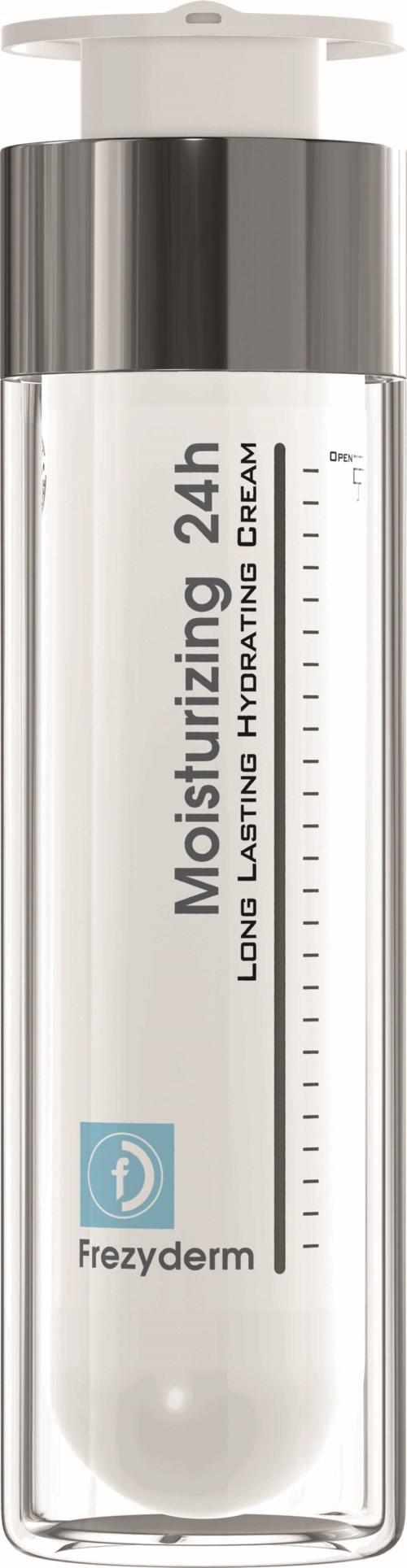 A clear bottle with a white pump label, containing moisturizing cream for long-lasting hydration, branded Frezyderm.