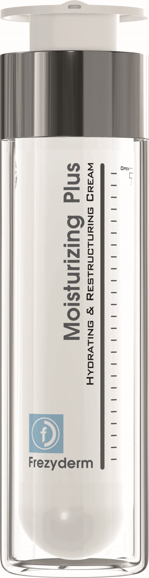 En tydlig flaska med vit pump och silverband, märkt 'Moisturizing Plus' och 'Frezyderm' för hudkräm.