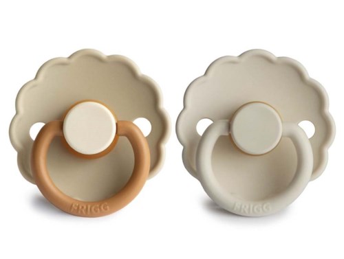 Two baby pacifiers with cream-colored guards and different colored rings, one beige and one white.