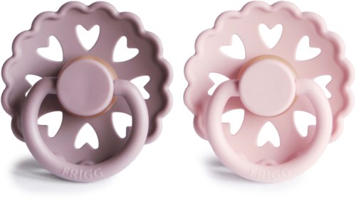 Two baby pacifiers with flowers and heart shapes, one purple and one pink, placed side by side.