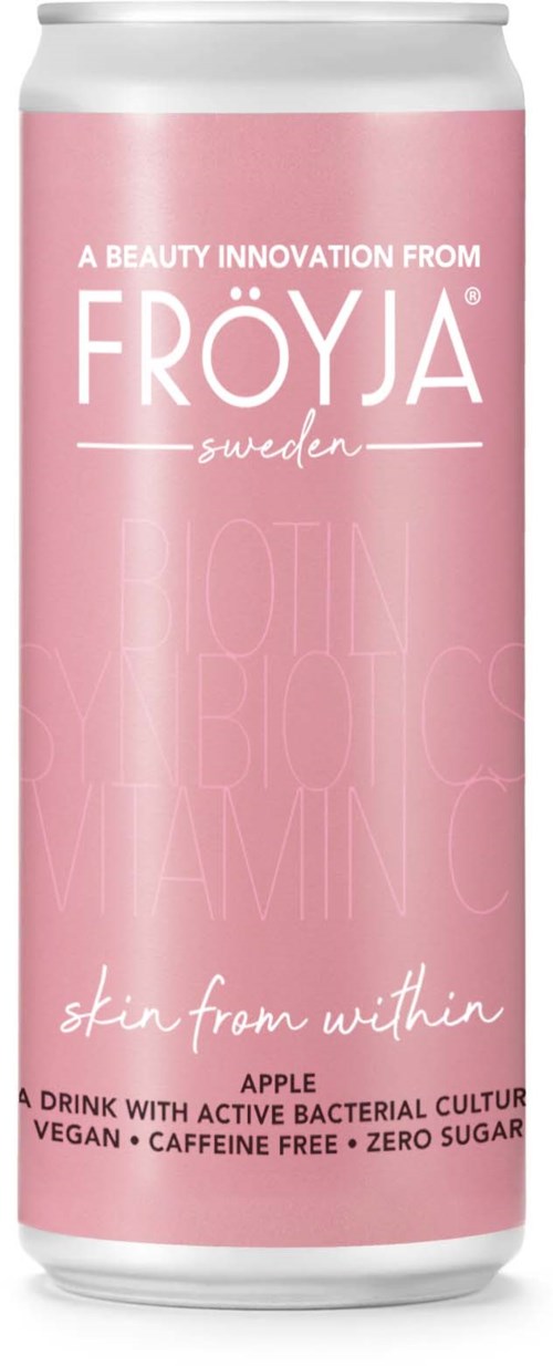 Pink can labeled 'FROYJA Sweden' promoting a drink with health benefits and natural ingredients.