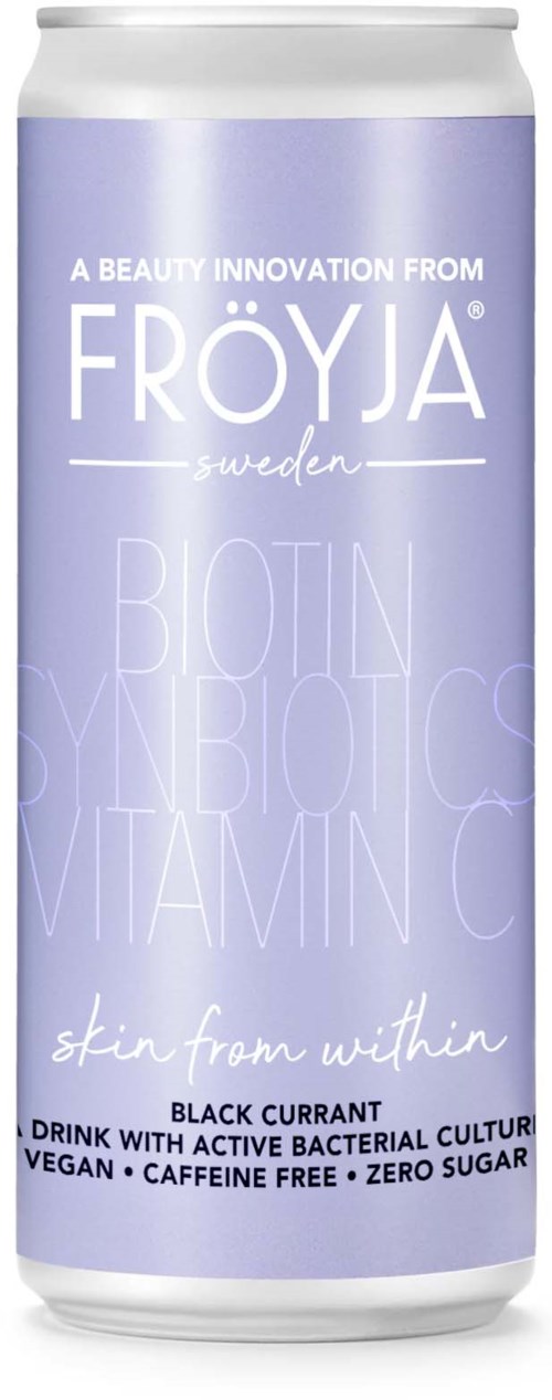 En ljuslila burk med vit text som främjar FROYJA Sveriges dryck med svarta vinbär, vegansk, koffeinfri och utan socker.