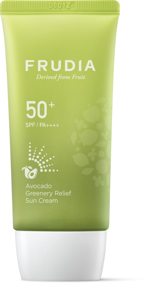 Green sun cream tube labeled 'FRUDIA,' with SPF 50+ and avocado ingredients.