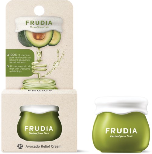 Ein kleiner grüner Topf mit der Aufschrift 'Frudia Avocado Relief Cream', weißer Deckel, mit Avocado- und Spritzbilder auf der Verpackung.