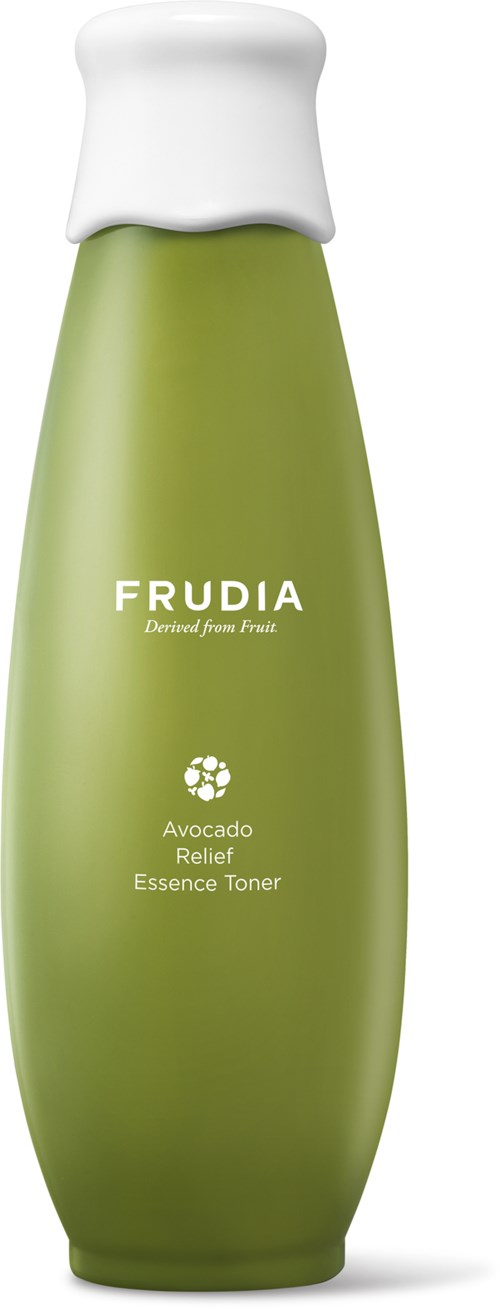 Grüne Flasche mit weißem Deckel, beschriftet 'FRUDIA,' enthält Avocado Relief Essence Toner, Produktbild.