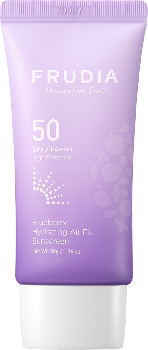 Lilla solkremrøret med SPF 50, Blåbær, fuktighetsgivende, Air Fit og Frudia-merke.