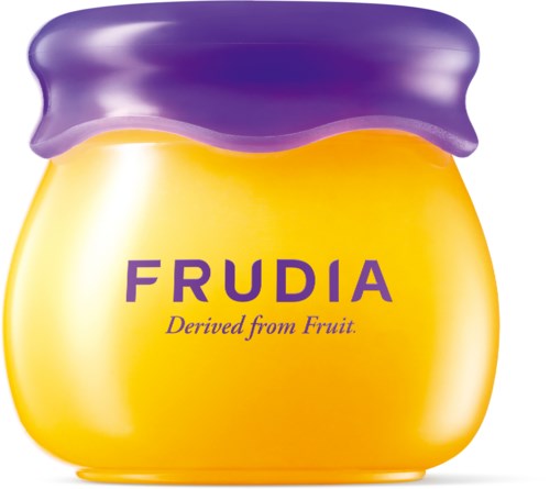 Gele pot met paarse deksel, gemarkeerd 'FRUDIA' en 'Derived from Fruit'.