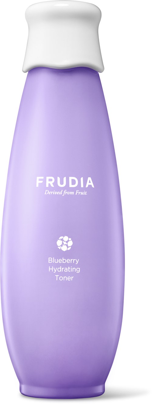 En lilla flaske med hvit kork, merket 'FRUDIA Blueberry Hydrating Toner' for hudpleie.