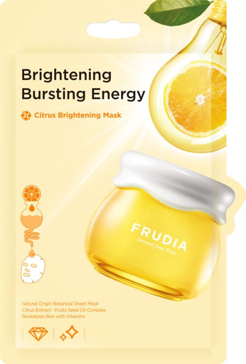 A bright yellow facial mask with a lemon slice and honey jar illustration, emphasizing citrus and vitamin benefits.