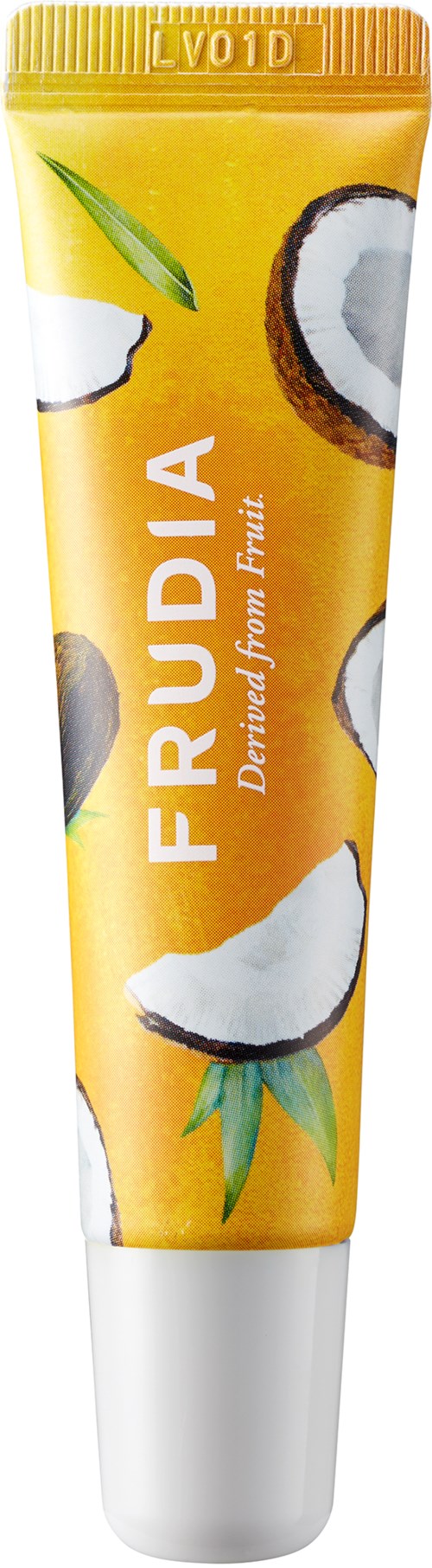 Et rør med frukt-smakende produkt med kokosbilder, gul bakgrunn og ordene "FRUDIA" med "Drinking from Fruit".