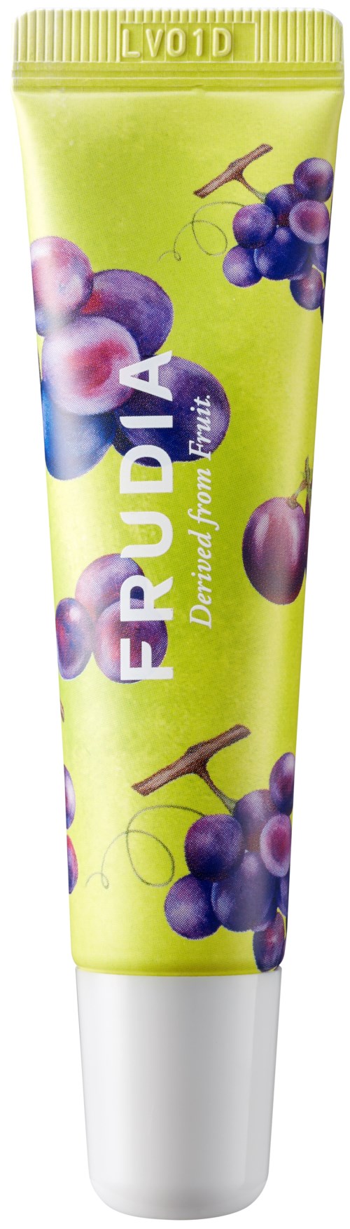 Grønn tube med lilla druer og ordet 'FRUDIA' på, som fremmer drueskinnpleie.