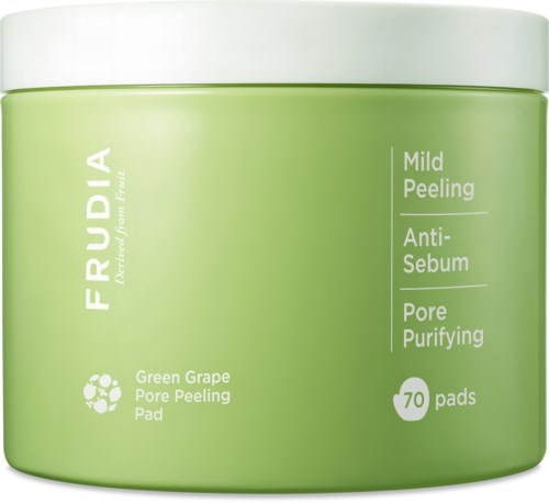 En grön behållare med hudpads för mild peeling, med 70 pads för att ta bort olja och porer.