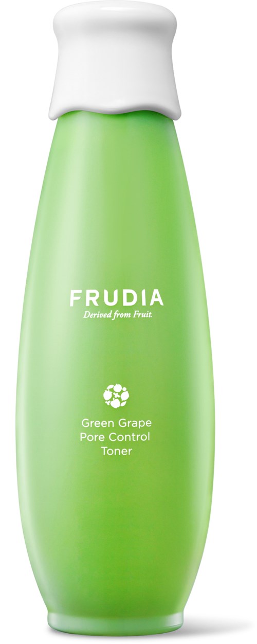 Grüne Flasche mit weißem Deckel, beschriftet "FRUDIA" und "Green Grape Pore Control Toner."