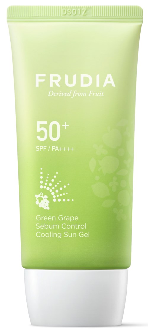 Grönt solkrämssgel med SPF 50+ och kylande aloe vera, märkt Frudia och utgått från frukt.