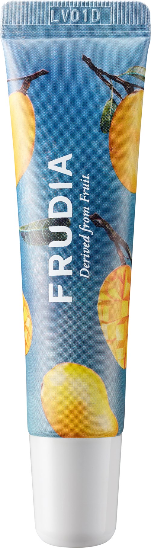 En tub med blå bakgrund med bilder av gula mango och ordet "FRUDIA" samt sloganen "Derived from Fruit."