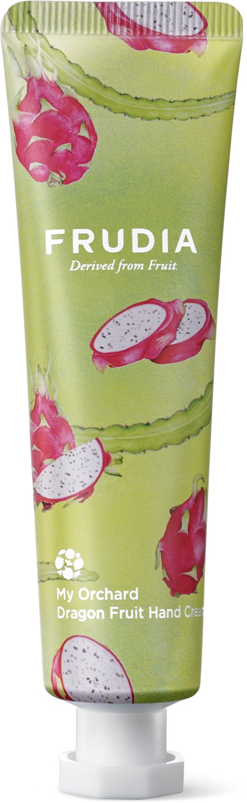 En grønn tube med bilder av dragefrukt og tekst som promoterer Frudia håndkrem fra My Orchard.