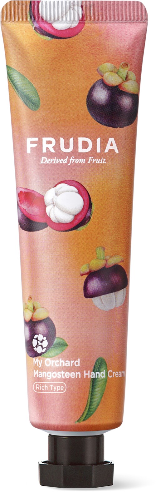 En tube med håndkrem med bilder av mango og mangosteen og merkevaren Frudia.