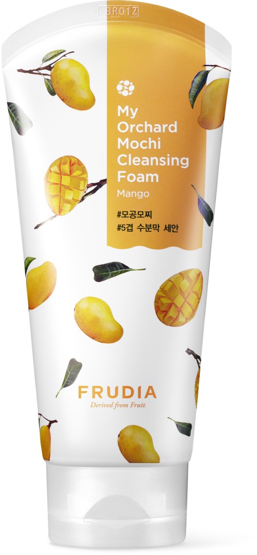 Tubka o zapachu mango do oczyszczania twarzy, z obrazkami mango i tekstem, marka Frudia's orchard mango cleansing foam.