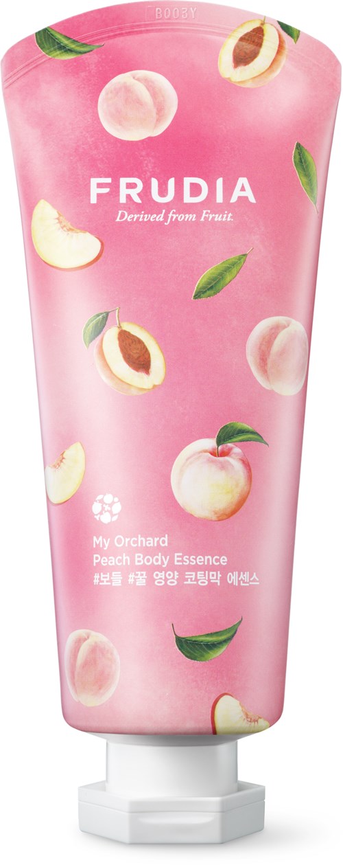 Pinkki puteli, jossa persikka- ja lehtikuvia, merkinnällä 'FRUDIA Peach Body Essence' My Orchardilta.