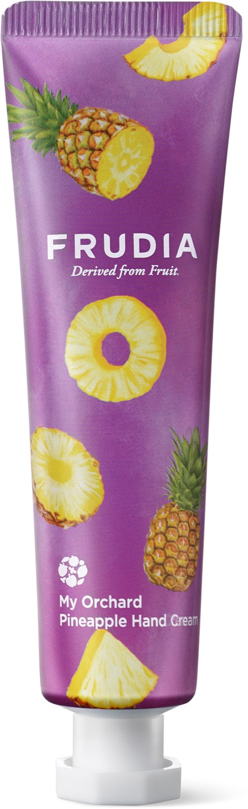 Lilla tube merket 'FRUDIA' med bilder av ananas og ananasskiver, og en merknad 'My Orchard Pineapple Hand Cream.'