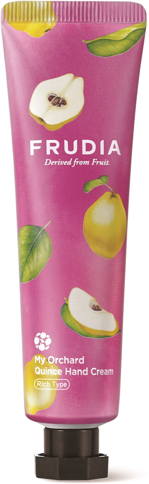 En rosa tube med bilder av Pærer, blader og en hvit blomst, merket 'FRUDIA' og 'Quince Hand Cream'.
