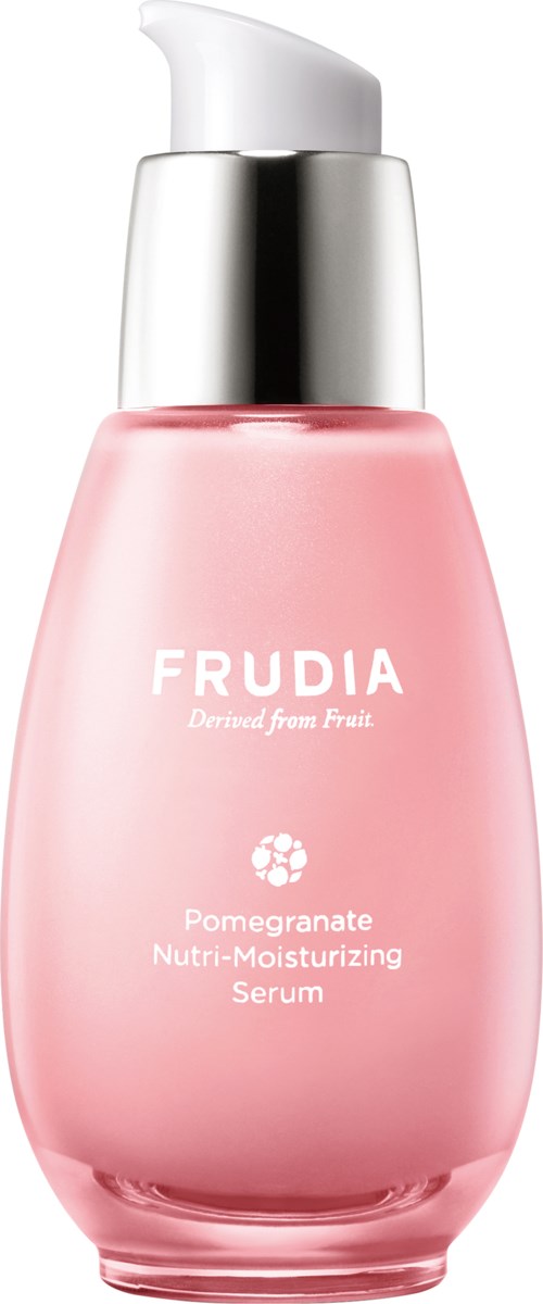 Różowa butelka z srebrnym dozownikiem. Jest oznaczona 'FRUDIA' i 'Pomegranate Nutri-Moisturizing Serum'.