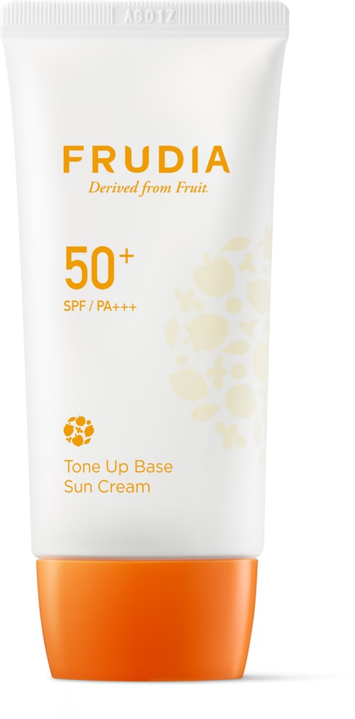 En vit solkrämstubbe med orange lock, märkt 'FRUDIA' och '50+ SPF'.