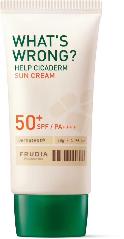 Solbeskyttelses krem med SPF 50+ og PA++++, merket for hudpleie, i en hvit og grønn tube.