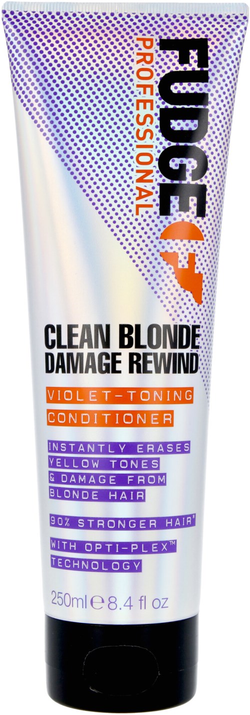 En tube Fudge Professional Violet-Toning Conditioner med branding, der forklarer, at den hjælper med skadet blondt hår og toner.