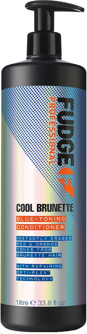 En svart flaske med pumpe, merket FUBREX PROfessional, blå og orange tekst, og sølv holografisk design. Produktet er en balsam for brunetter.