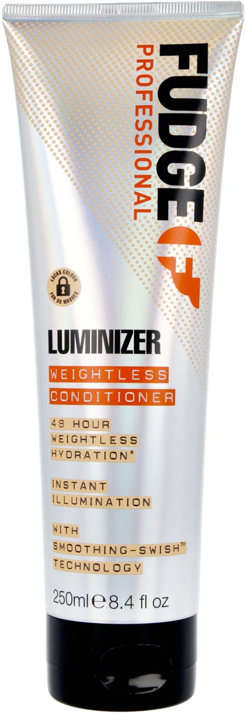 Eine Tube des professionellen Fudge Luminizer Weightless Conditioner mit Vorteilen wie Hydratation und sofortiger Beleuchtung.