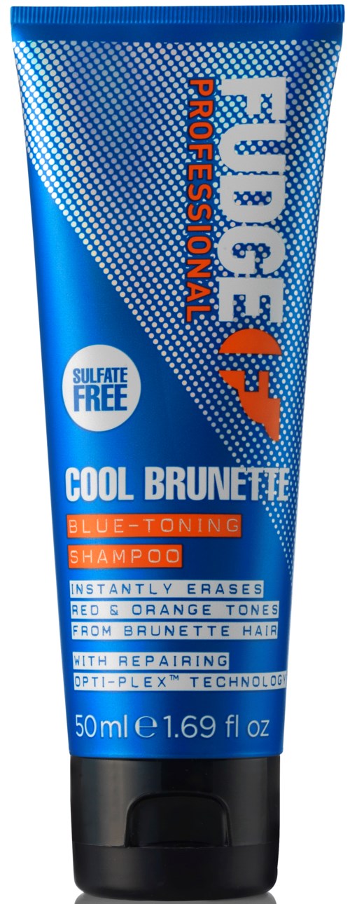 Blå och svart tub med Cool Brunette schampo, tar bort orange nyanser, reparerar hår, 50 ml.